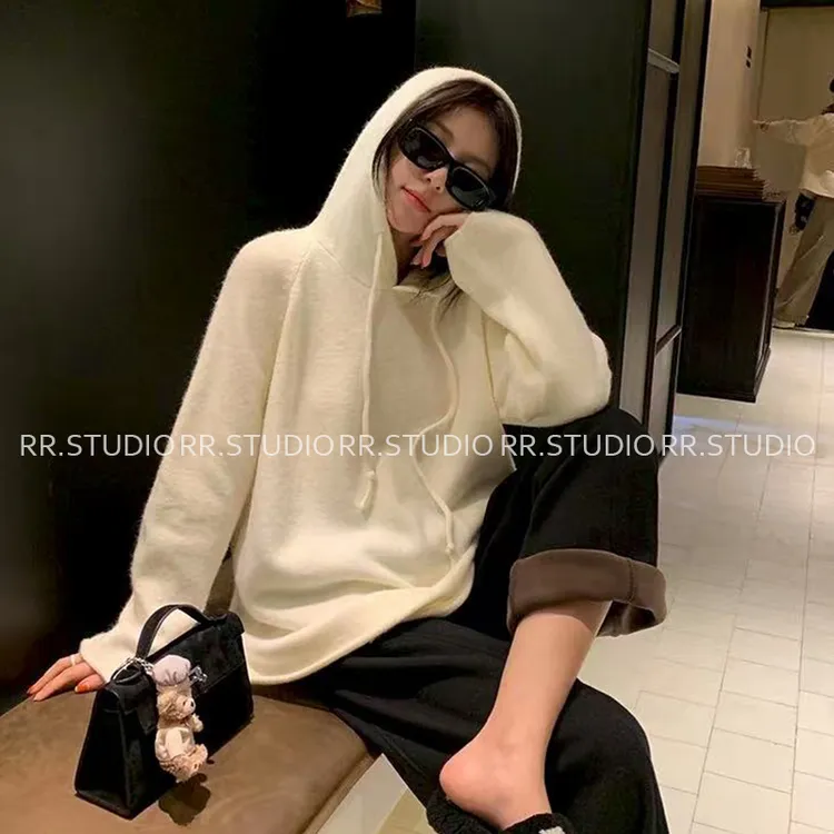 瑞瑞家秋冬款连帽针织长袖套头毛衣韩版慵懒风孕妇针织上衣DY2544