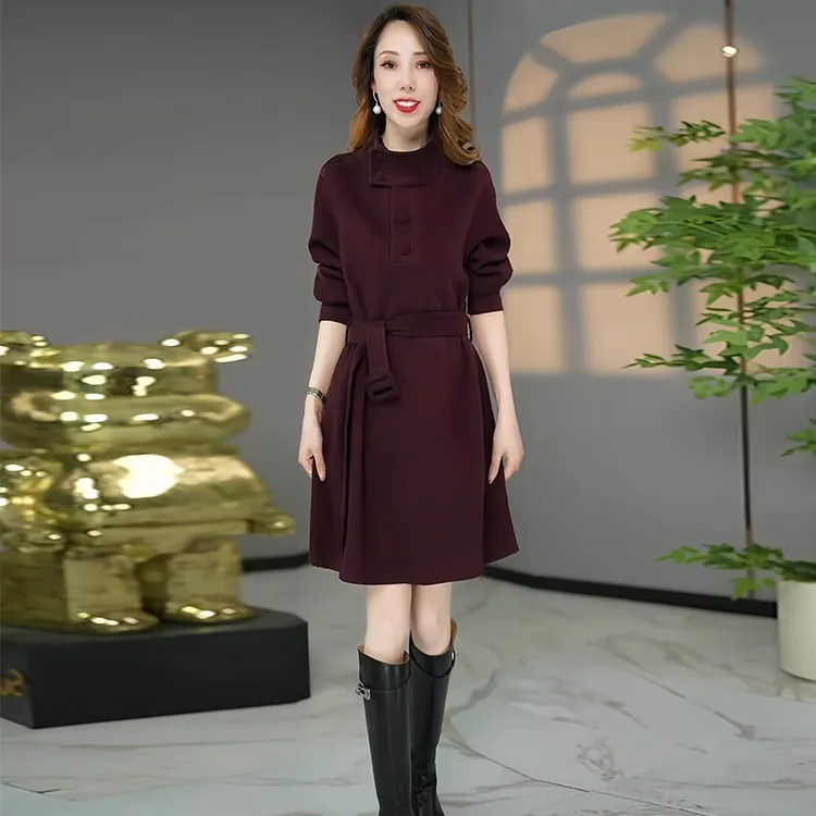 拉夏贝尔高级感时尚休闲裙女2025春秋新款气质收腰百搭显瘦A字裙