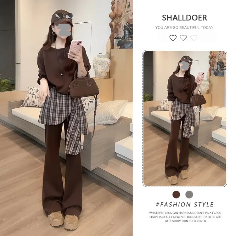 韩版通勤时尚套装女2025年春秋新款长袖打底卫衣微喇阔腿裤两件套