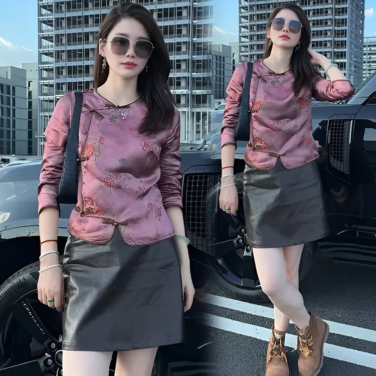 中式唐装紫色提花衬衫早秋国风2025新款斜襟盘扣年轻版桑蚕丝上衣