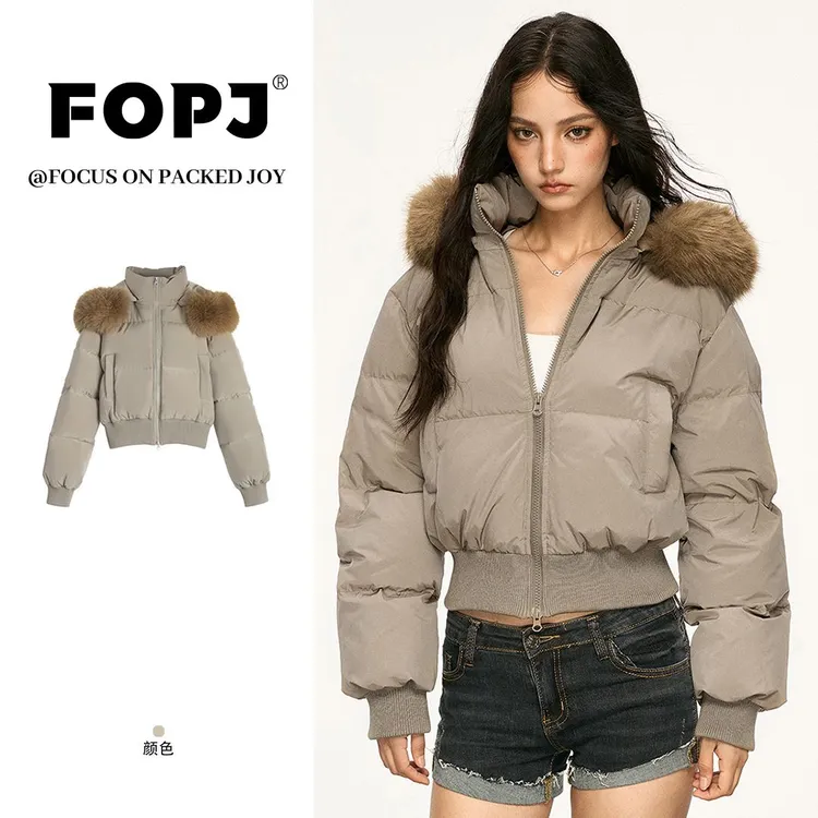 FOPJ美式复古毛领连帽外套女秋冬新款设计感短款小个子面包服棉衣