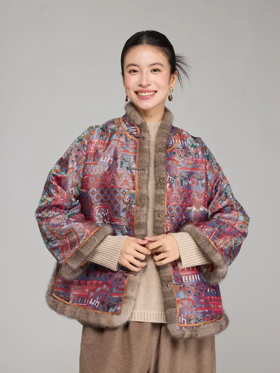 初见十三娘『临江仙』新中式国风水貂毛秋冬保暖蜀锦短棉服百搭日常