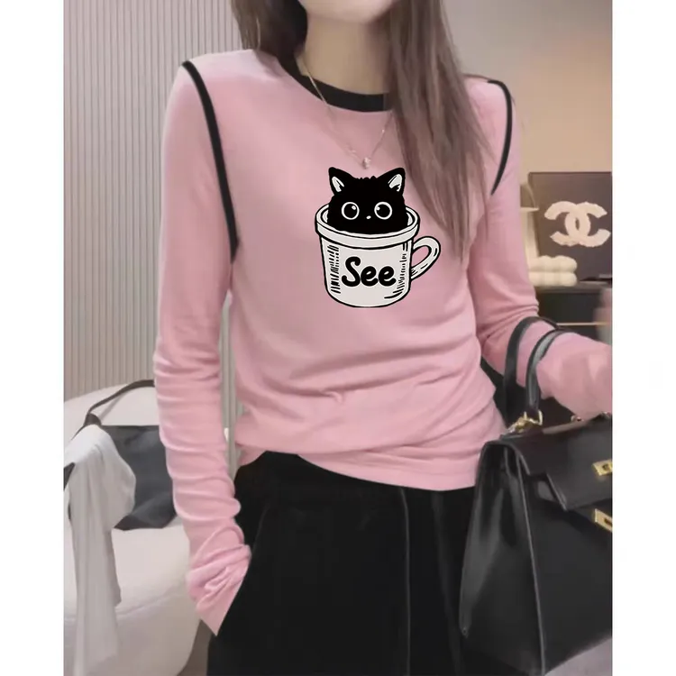 纯欲风辣妹修身显瘦长袖T恤女士秋冬撞色明线德绒保暖打底衫内搭