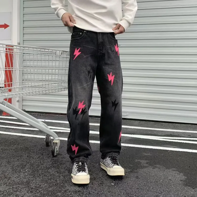 闪电裤男美式牛仔裤vibe风宽松直筒百搭休闲潮牌暗夜黑牛仔裤男