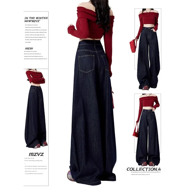 大码复古美式牛仔裤女秋季新款胖mm宽松高腰显瘦修身直筒阔腿拖地