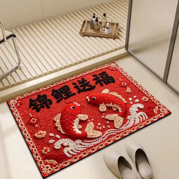 5D效果编织风红色喜庆加大尺寸卫生间入户地垫地毯硅藻泥底垫