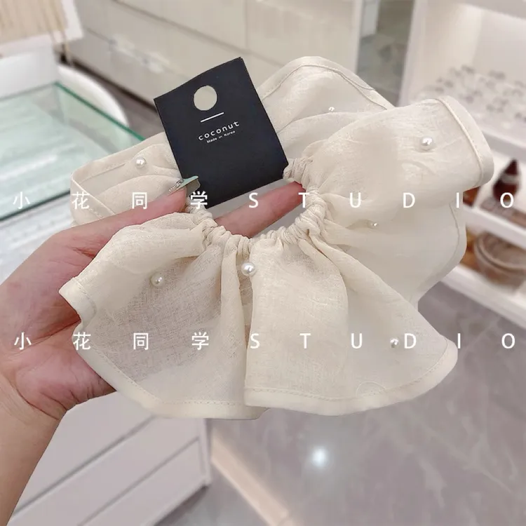 韩国发饰春夏新款高级感精致米白色蕾丝棉麻珍珠钉珠发圈大肠圈