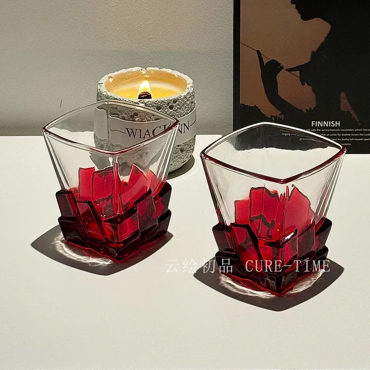 轻奢高档红色冰块杯玻璃杯小众设计高级感喝水杯威士忌酒杯洋酒杯