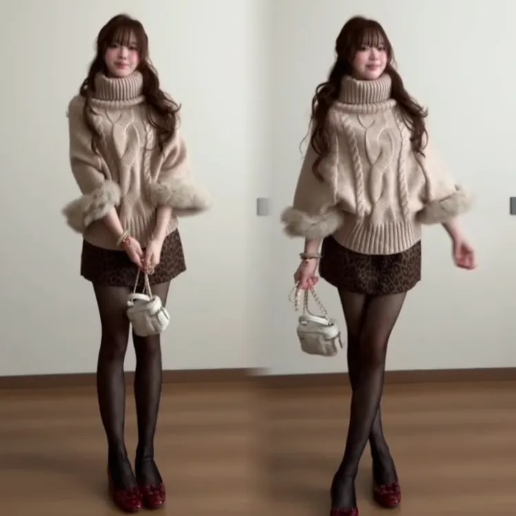 卡其色袖口狐狸毛高领套头毛衣女秋季宽松麻花针织衫9398