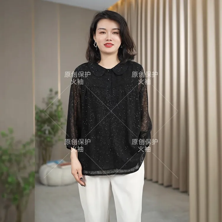 火袖F731时尚娃娃领亮片闪闪的上衣2025春新款宽松百搭大码小衫女
