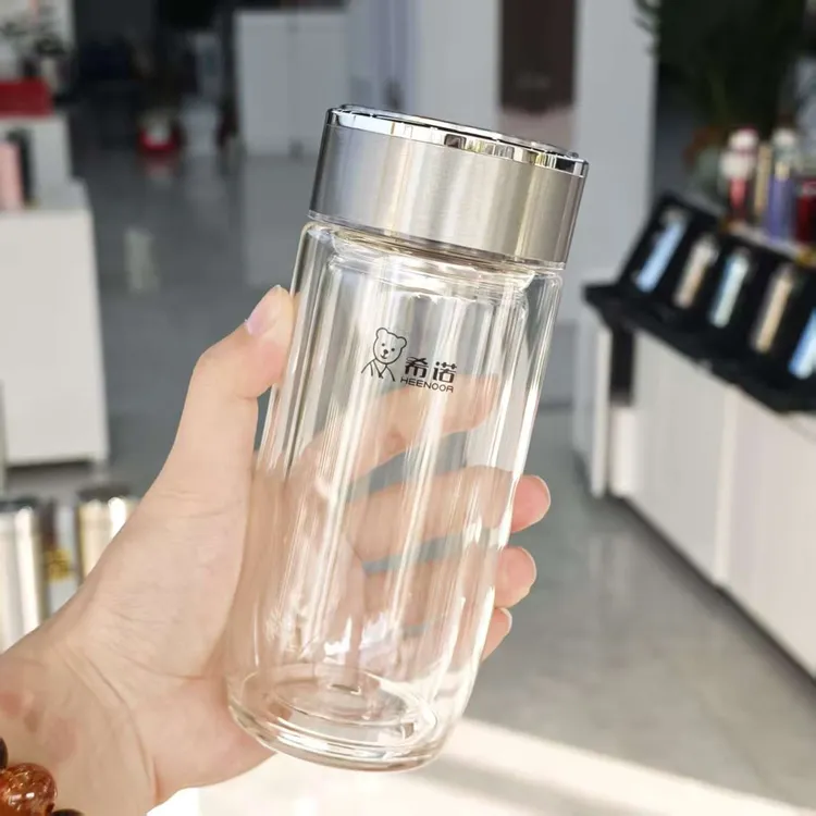 希诺升级款双层鹅蛋玻璃杯商务水杯办公室泡茶杯隔热防烫7157A