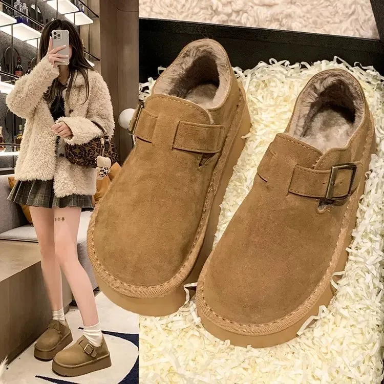 厚底勃肯鞋女2024秋冬新款加绒乐福鞋一脚蹬懒人鞋毛毛棉鞋雪地靴