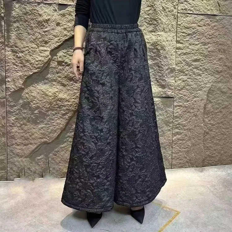 国风中式气质提花阔脚裤2025新款宽松显瘦松紧休闲高腰裤女