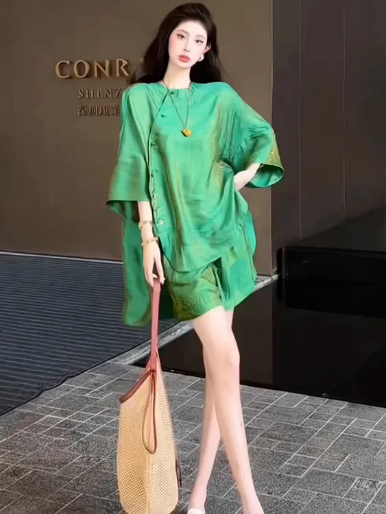 巨好看的夏装一整套干练气质高级感新中式老钱风绿色盘扣套装裤女