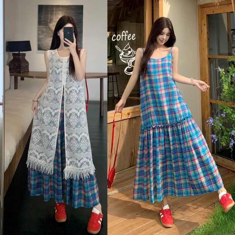 孕妇装2025夏装新款时尚网红格纹吊带裙蕾丝罩衫孕妇连衣裙两件套