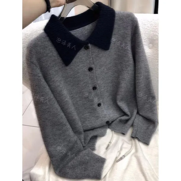 正品撤柜剪标羊毛衫翻领针织开衫秋冬新款拼色外套毛衣宽松上衣