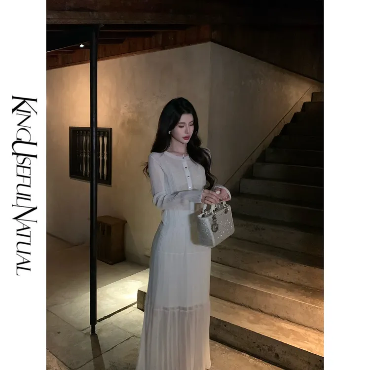 KUN【度假索菲特】优化比例 镂空竖条纹长绒棉薄针织舒适长裙套装