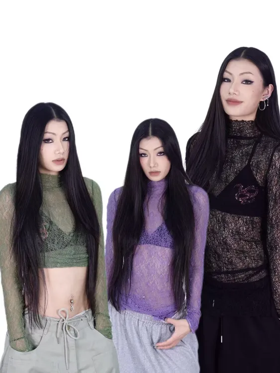 SUANS原创高领网格长袖网纱镂空轻薄个性复古辣妹斜肩长袖上衣