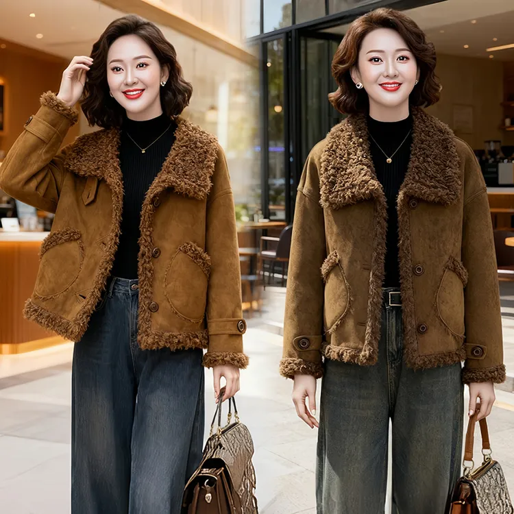 单排扣女冬季衬衫袖圆领短外套女装加绒洋气仿皮毛一体保暖加厚