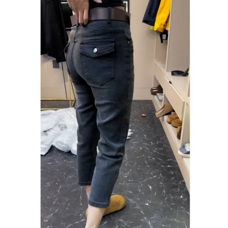 小个子秋季新款修身百搭牛仔裤多口袋设计显瘦高腰弹力九分烟管裤