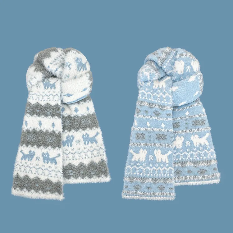 费尔岛风可爱猫咪双面针织围巾女秋冬季保暖复古百搭围脖防风防寒