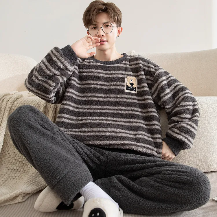 睡衣男士青少年珊瑚绒冬季加绒条纹卡通大码法兰绒保暖家居服套装