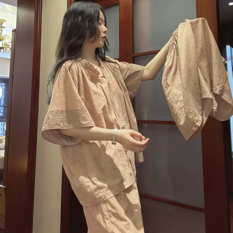 夏季睡衣女士套装宽松大码短袖刺绣短袖短裤长裤废土风家居服套装