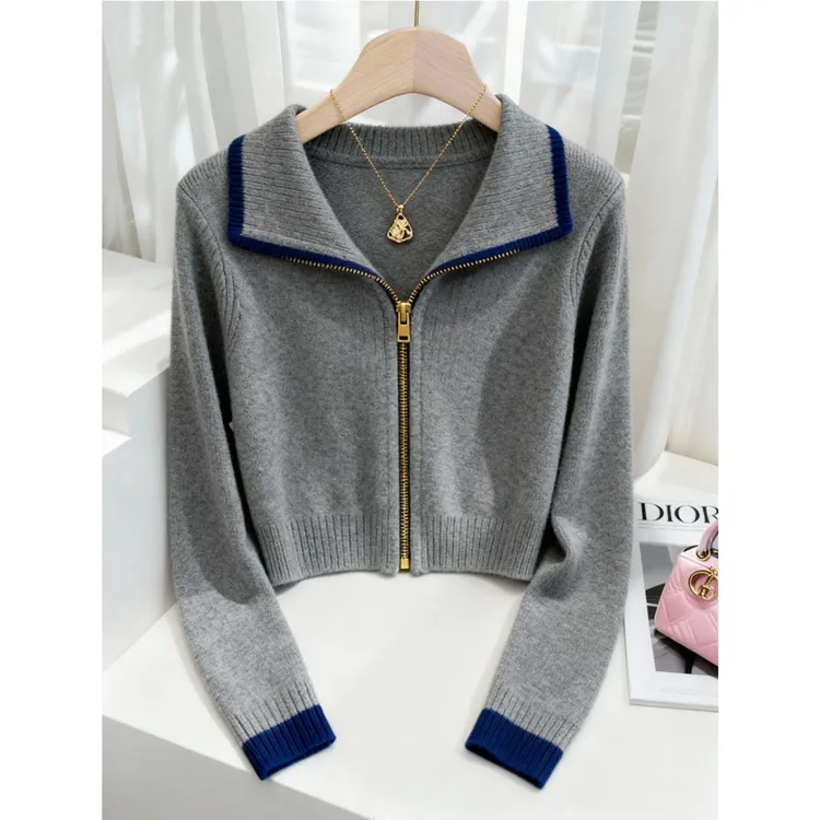 韩版极简风休闲百搭时尚翻领针织衫今年冬季新款小众设计感上衣女