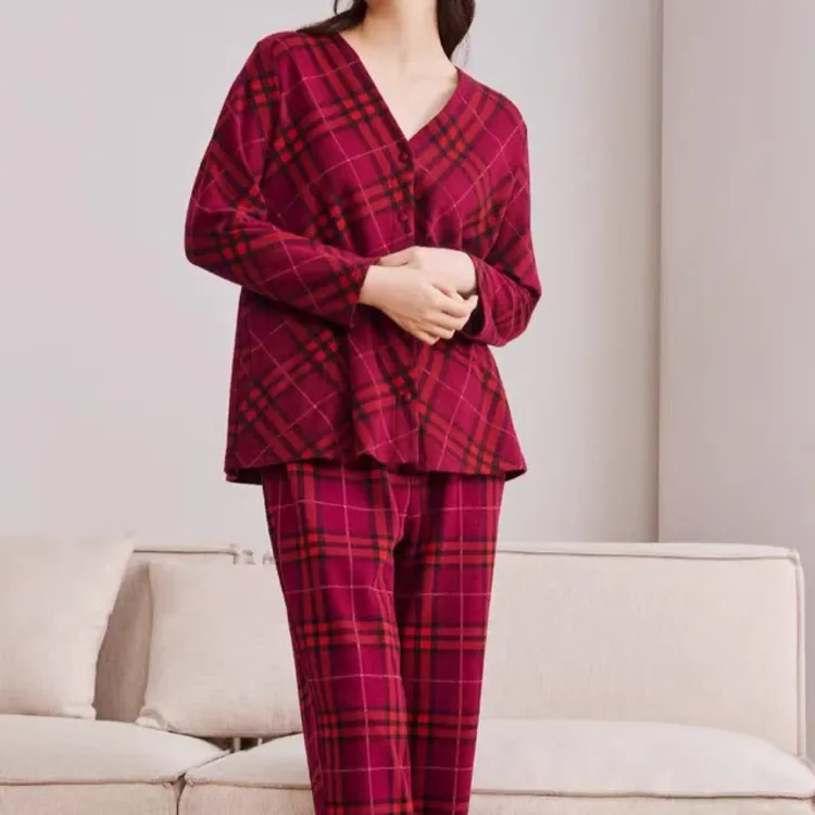 宽画秋冬经典格纹长袖对开家居服套装