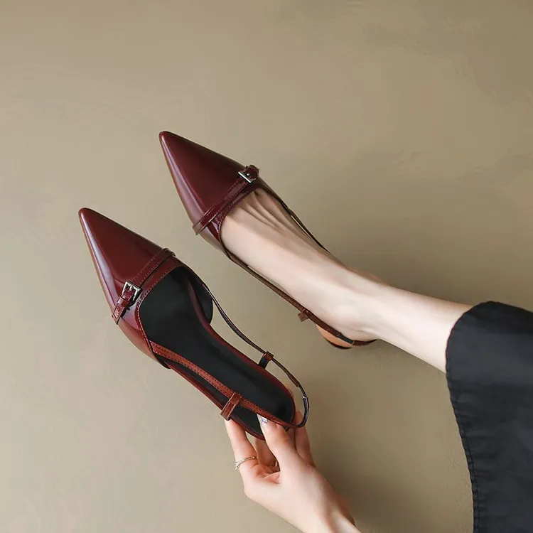 法式尖头漆皮包头凉鞋女2024年夏季新款仙女风复古百搭细跟后空鞋