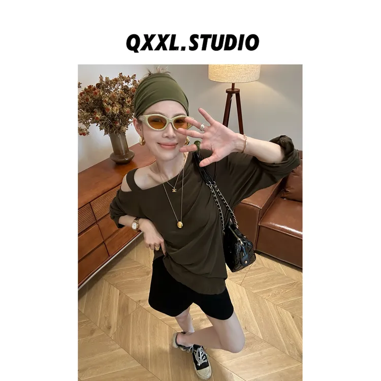 邱小小丽呀 圆夏季纯色斜肩不规则T恤女韩系百搭宽松露肩打底上衣