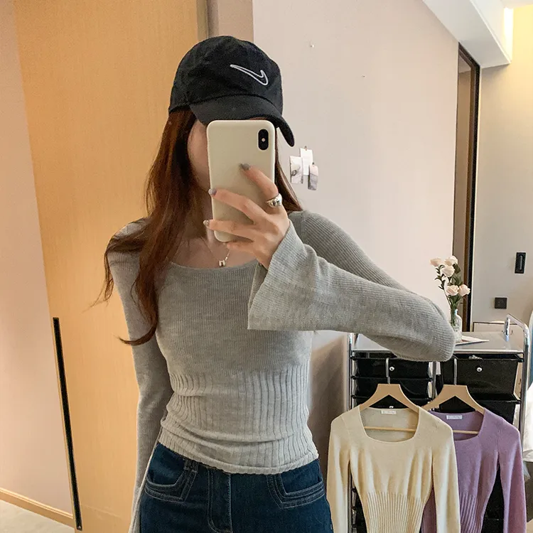 hello达人自拍方领喇叭长袖紫色羊毛针织衫2025初春新款气质收腰