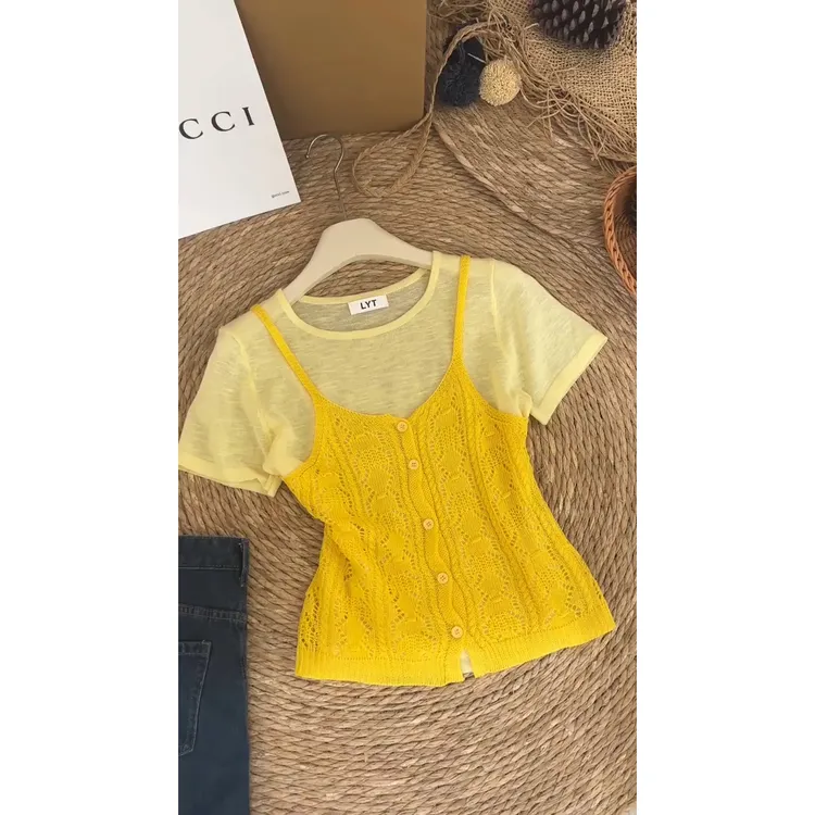 2025新款薄款夏日ootd穿搭高级感超好看漂亮短袖黄色T恤吊带上衣