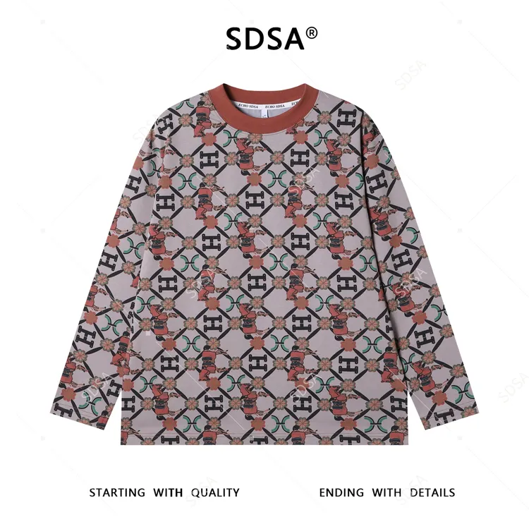 SDSA男士秋冬新款痞帅男装潮牌满印字母花卉圆领长袖T恤时尚宽松