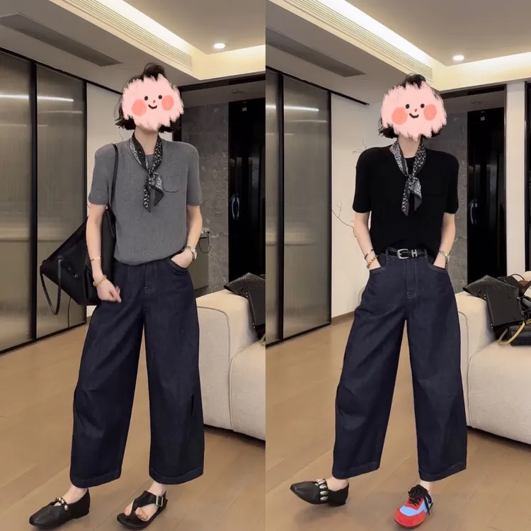 2025夏季新款时尚套装针织短袖牛仔裤两件套