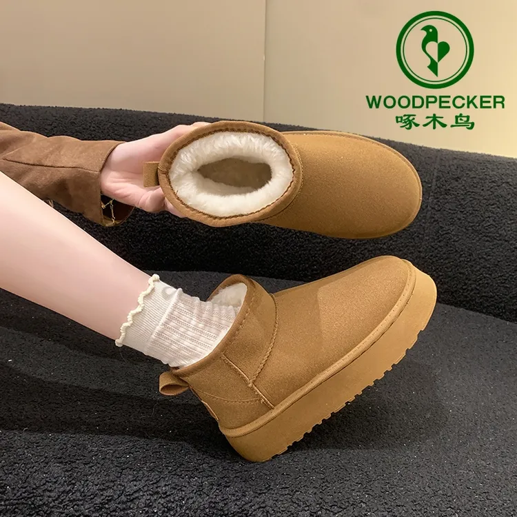 woodpecker/啄木鸟增高雪地靴女外穿厚底冬季新款皮毛一体短筒靴