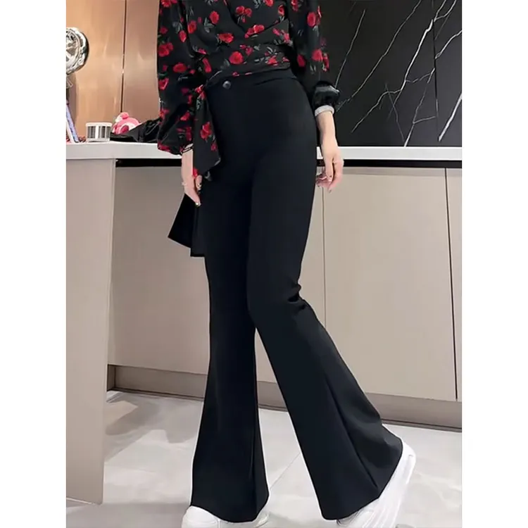 2025春季新款蕾丝边微喇西装裤女时尚减龄百搭高腰显瘦弹力休闲裤