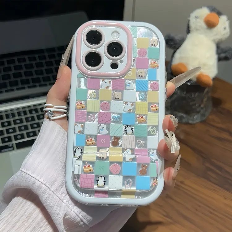 格纹小动物支架适用苹果16promax手机壳iPhone15小米vivo华为oppo