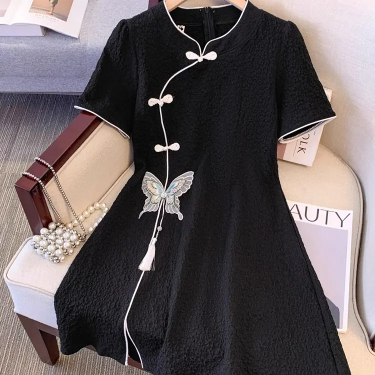 新中式国风盘扣刺绣旗袍裙女夏季胖mm大码高腰修身显瘦连衣裙子潮