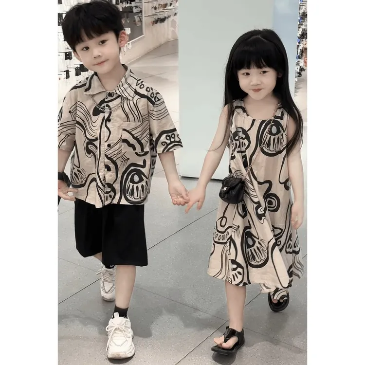 兄妹装姐弟装2025夏款男女童涂鸦翻领衬衫儿童休闲不规则背带裙
