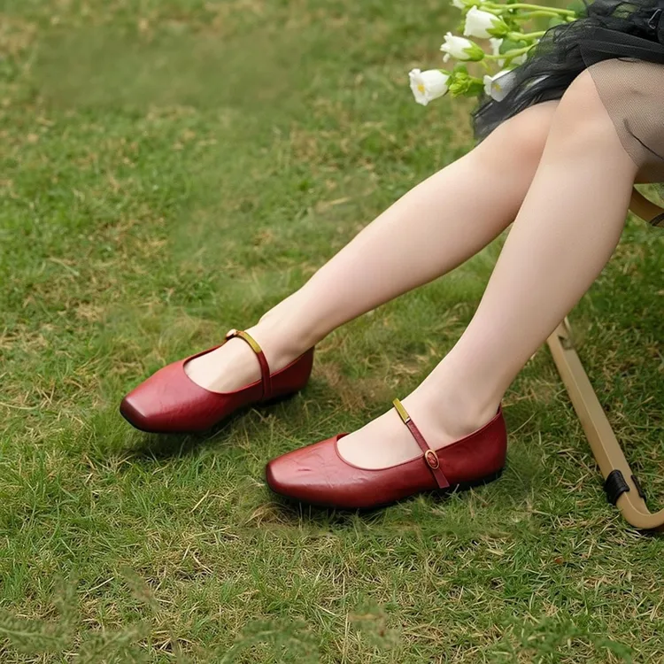 孙火火/超软羊皮真皮单鞋女2025新款春夏金属一字扣平底玛丽珍鞋