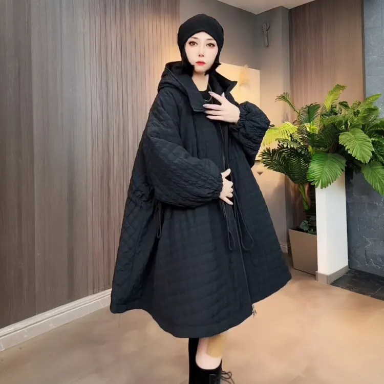冬季新款洋气休闲宽松中长款连帽加棉加厚外套欧洲站风衣时尚棉服