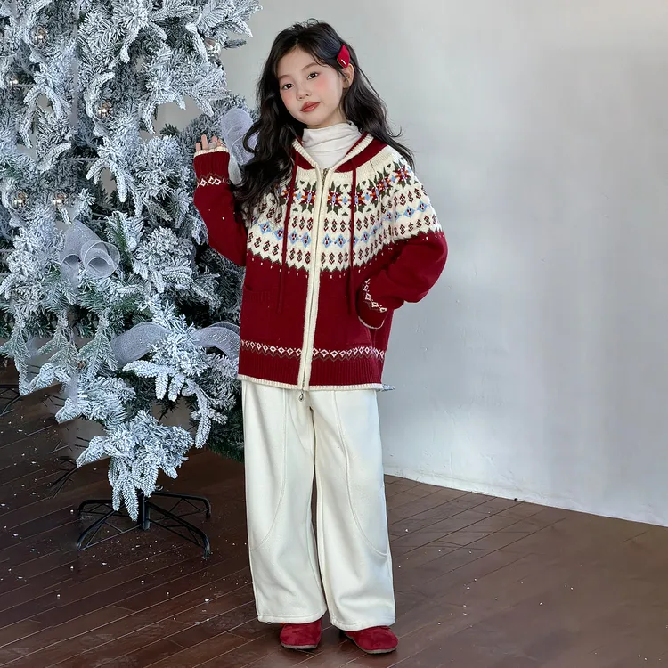 女童红色毛衣圣诞风开衫2025冬季洋气时髦秋冬新年内搭保暖小女孩