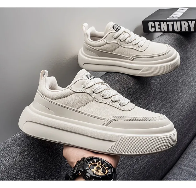 厚底 增高 轻便 高弹 简约 休闲板鞋 车缝线皮面加绒时尚男鞋白鞋