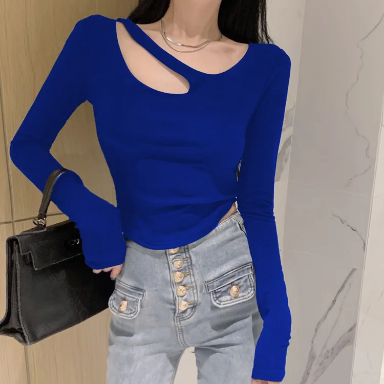 纯欲性感不规则t恤女秋季别致设计感小众独特上衣紧身内搭打底衫