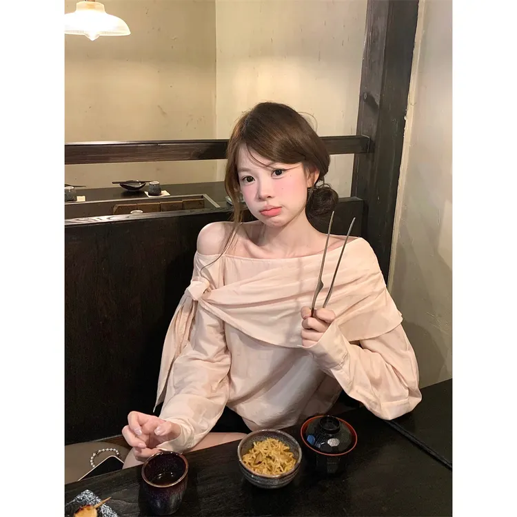 显瘦温柔气质温婉不规则飘带一字领T恤女装禅意仙气飘飘长袖夏季