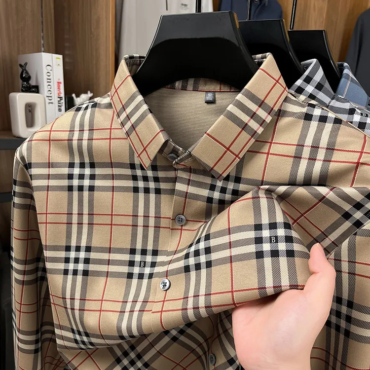 羊毛桑蚕丝无痕格子衬衫潮流修身经典男装长袖衬衣时尚秋季上衣