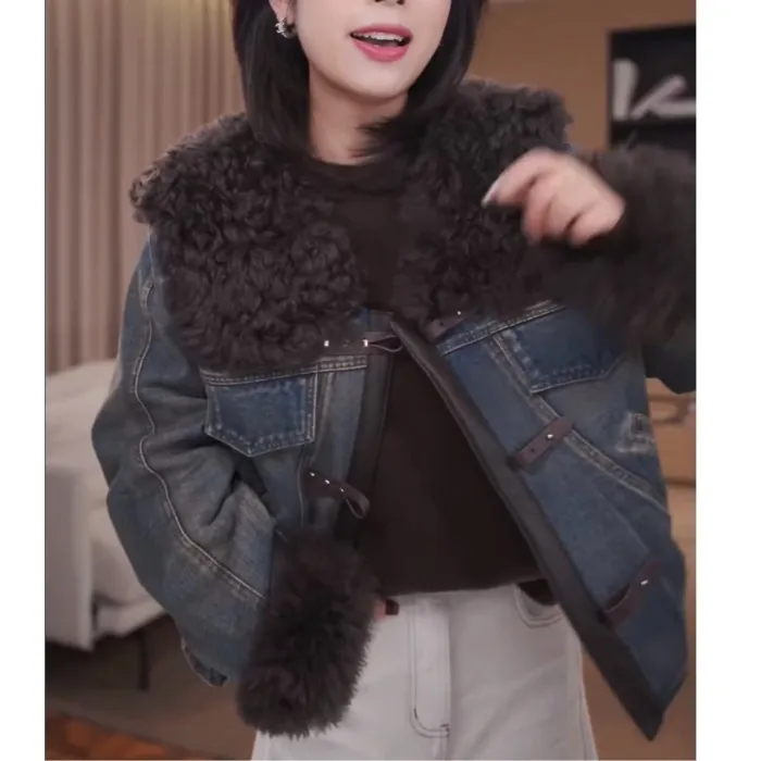 欧货减龄毛毛拼接宽松显瘦棉服2025年秋冬网红新款夹棉牛仔外套女