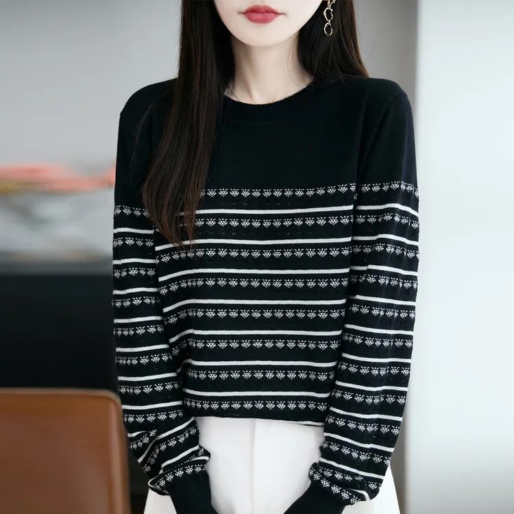 品牌撤柜正品新款羊毛衫草莓提花圆领针织衫条纹上衣内搭打底衫女