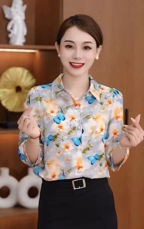 2025夏季新品女装时尚靓丽显瘦遮肉气质减龄开衫印花七分袖衬衫